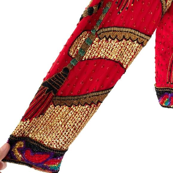 Vintage Laurence Kazar Red Silk Tassel Print Beaded Sequin Blazer Jacket Large - Picture 5 of 11